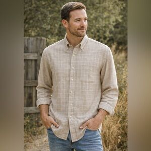 L.L. Bean Linen Shirt Mens M Reg Beige Check Button Down Long Sleeve